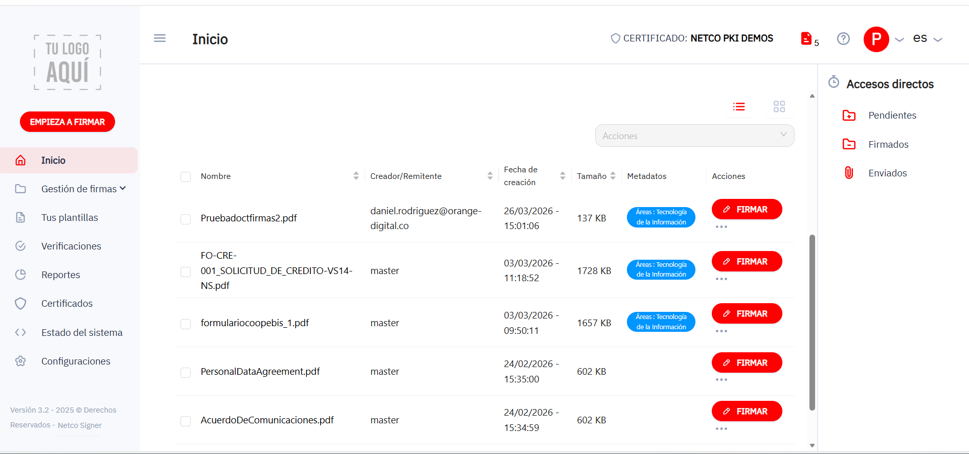 Documentos pendientes en Netco Signer