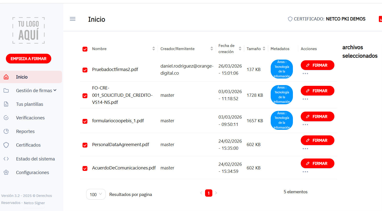 Documentos seleccionados