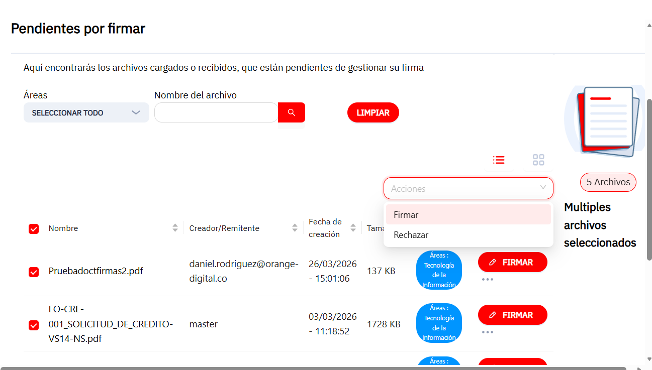 Opción Firmar para documentos seleccionados
